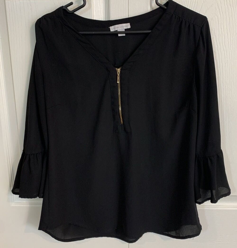 New York & Co Blouse Top Womens S Black Sheer Dark Whimsical Ruffles - Picture 13 of 13